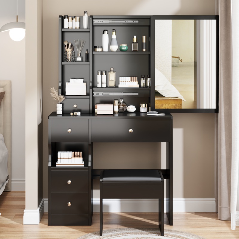 Walker Edison | Small Space Left Drawer Desktop Vanity Table + Cushioned Stool
